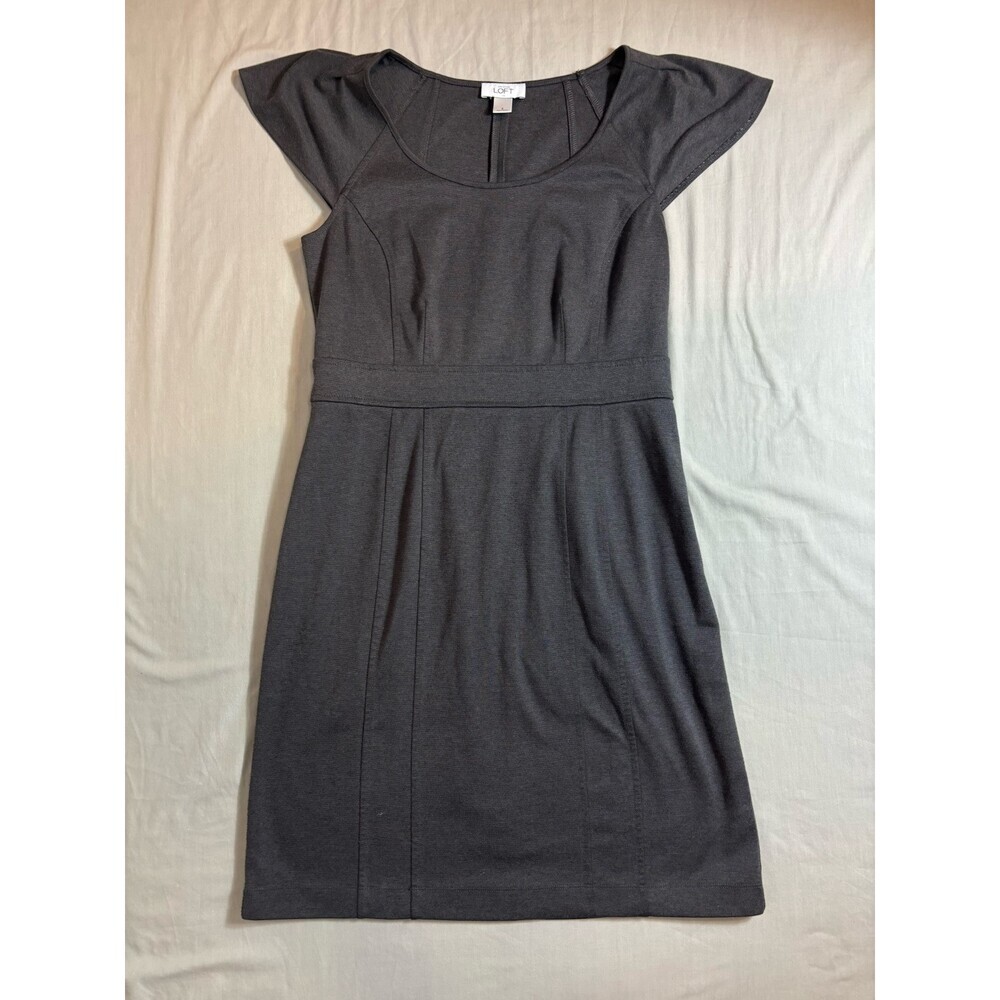 Ann Taylor Loft Sheath Dress Charcoal Gray Round Neck  Capped Sleeve  Zip Size 8
